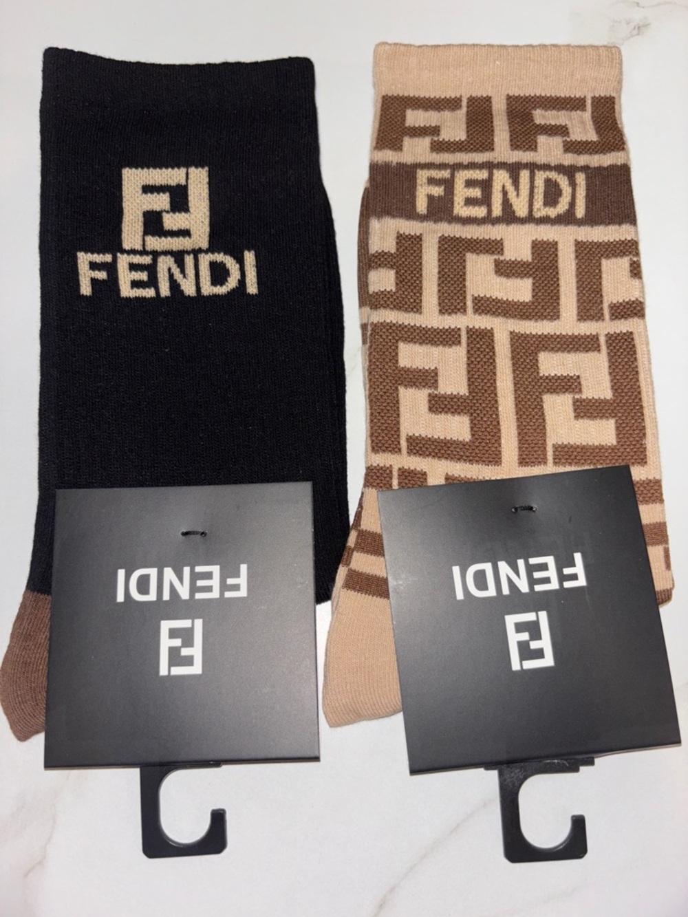 5 pairs Fendi Men’s Crew Socks - Brown, Black & Tan FF Monogram Assortment - Picture 2 of 3